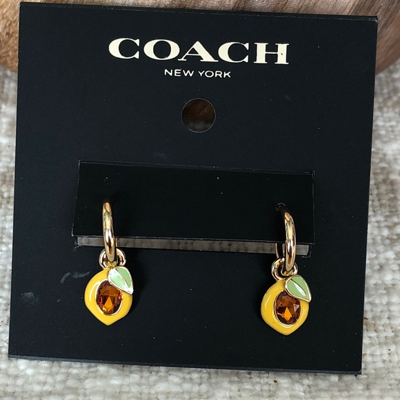 Coach Gold Tone Huggie Hoop Earrings Lemon Charm & Crystal Accent NWT - Picture 2 of 16